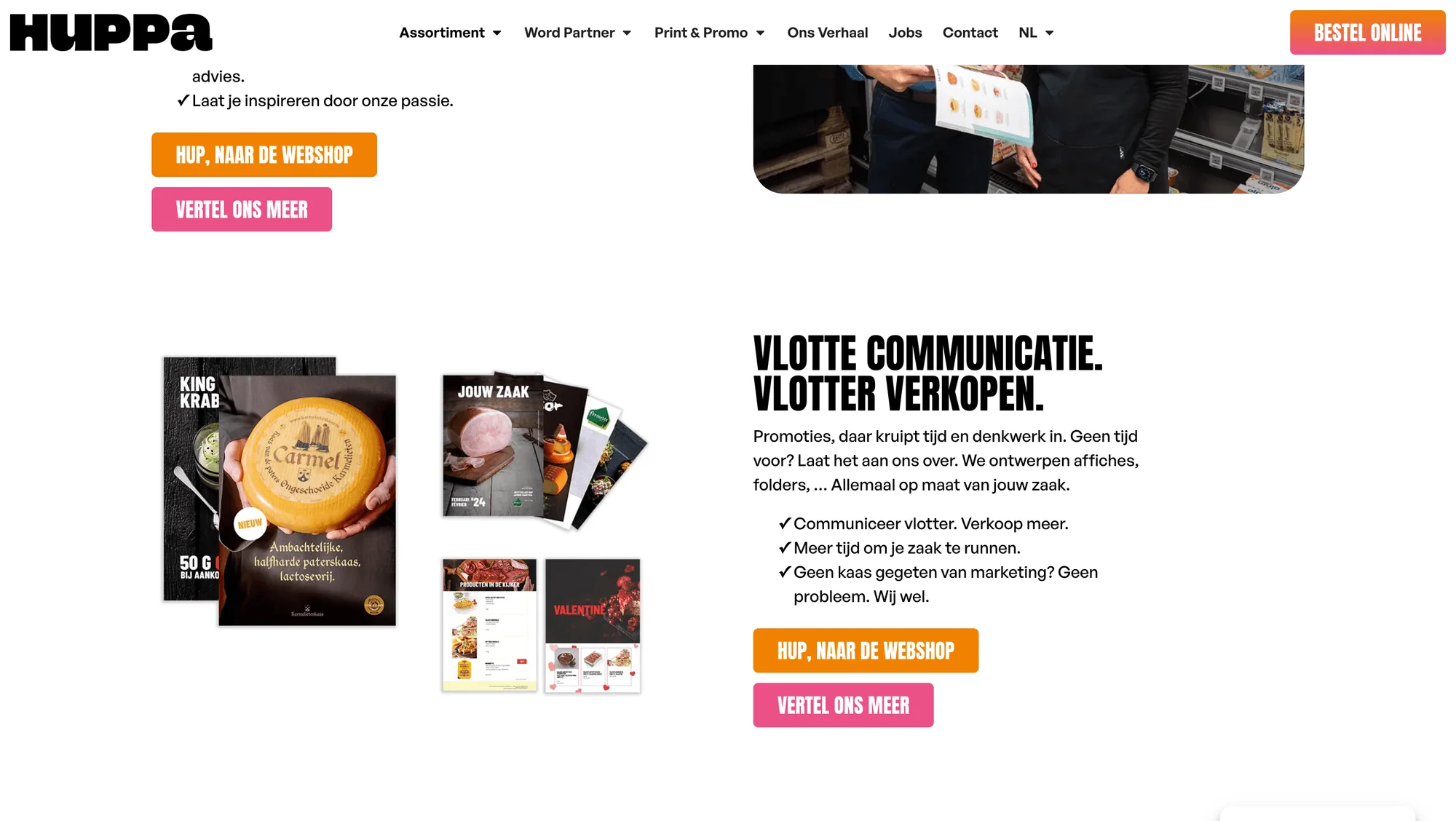 Sectie over promotiemateriaal op de Huppa-website met affiches en folders op maat van de klant